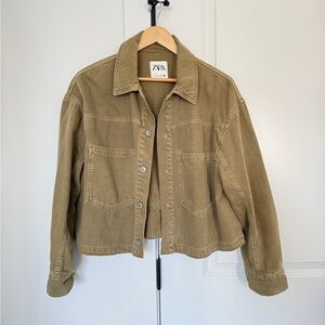 Zara Khaki Cropped Denim-Style Jacket